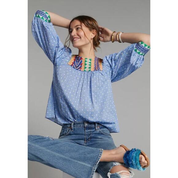 NWT Anthropologie Verb by Rhapsody Embroidered Blouse Boho Peasant Festival XS - Picture 1 of 14